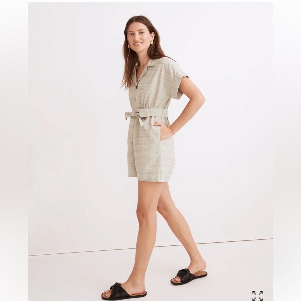 Madewell seersucker green tortoise buttons camp utility short sleeve romper S - Picture 3 of 12